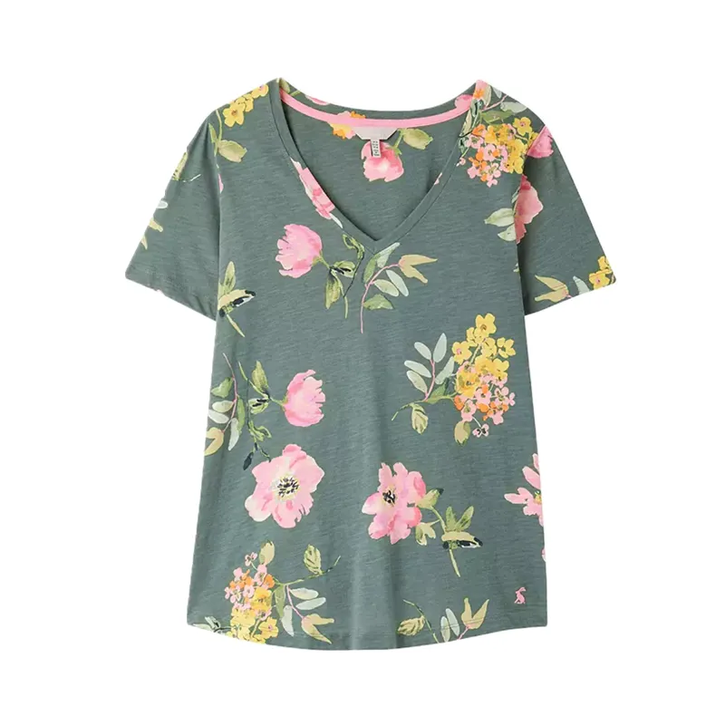 Joules Celina Print V Neck T-Shirt - Green Floral 